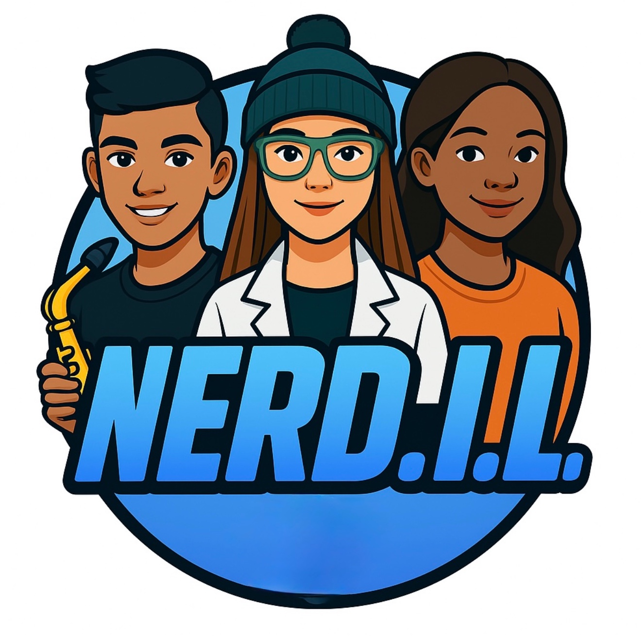 Nerd.I.L. logo featuring three students representing creativity, academics, and leadership